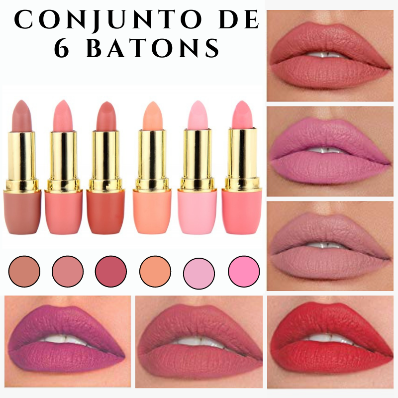 Conjunto de 6 Batons Estilo Matte 24 Horas - CREAM24™